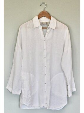 CHICO'S 100% Linen White Roll Sleeve Button Front Tunic Top, Size 1 M 8